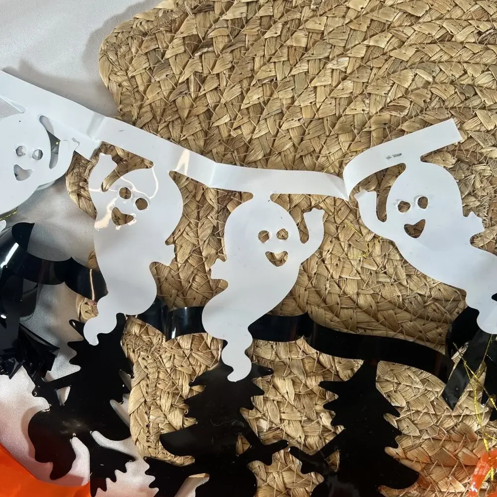 Vintage 90s Halloween Pumpkin Witch Ghost Pull-Out Chain Plastic Vinyl Garland